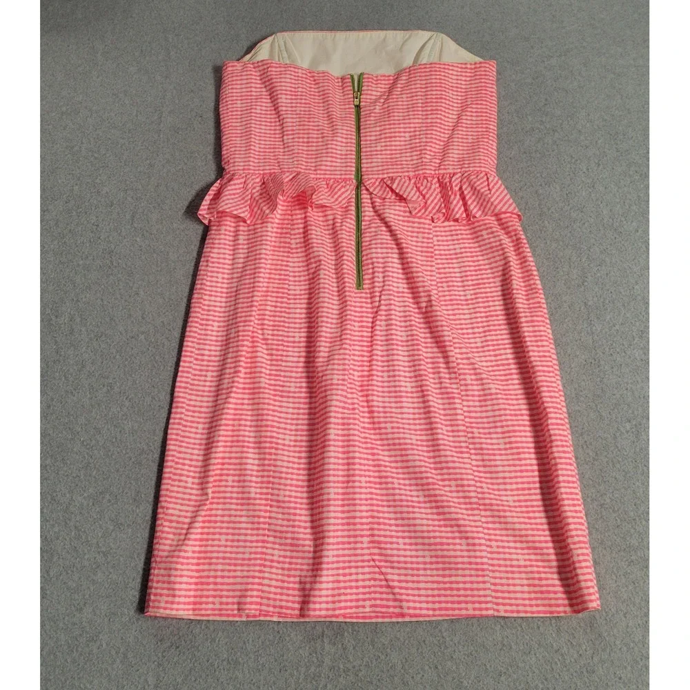 Lilly Pulitzer Lowe Pink Gingham Seersucker Peplum Strapless Dress 4 Zip Derby - Picture 11 of 13